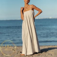 Long Linen Dress, Spaghetti Strap Dress, Sleeveless Dress, Maxi Linen Dress, Loose Flax Dress, Summer Beach Dress, Linen Sundress For Women,  Elevate your summer wardrobe with our stunning maxi dress, featuring a stylish dual-strap design and pleated detail. Crafted for comfort and elegance, this flowing silhouette offers versatility for any occasion, from beachside strolls to evening gatherings. Made from high-quality fabric, our maxi dress promises both durability and breathability, ensuring a Linen Dresses Elegant Long, Beige Sundress With Spaghetti Straps For Beach Season, Beige Spaghetti Strap Sundress For Beach Season, Beige Spaghetti Strap Sundress For Summer, Summer Beige Sundress With Spaghetti Straps, Casual Strapless Suspender Dress For Beach, Linen Sundress With Spaghetti Straps For Vacation, Beige Summer Sundress With Spaghetti Straps, Beige Maxi Dress With Adjustable Straps For Summer