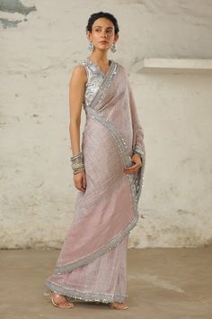 Pink handwoven metallic striped saree with hand embroidered silver border. Comes with matching plain silver gota unstitched blouse piece and  an under skirt petticoat. - Aza Fashions Metallic Saree, Striped Saree, Silver Fabric, Hand Woven Textiles, Embroidered Blouse, Pink Cotton, Blouse Piece, Indian Wear, Petticoat