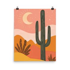 a desert scene with a cactus and the moon in the sky, on a pink background