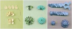 four different types of paper flowers are shown in three separate pictures, one is blue and the other is green