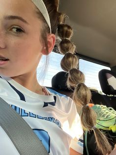 Volleyball Hairstyles Headband, Sport Hairstyles With Headband, Lax Game Day Hair, Lacrosse Hair Styles, Soccer Hair With Pre Wrap, Soccer Hairstyles Pre Wrap, Softball Ponytail Hairstyles, Volley Ball Hairstyle, Cute Lacrosse Hairstyles