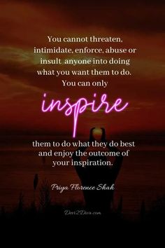 the words inspire are lit up in pink and purple with an image of a sunset behind it