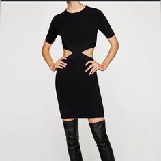 Zara Black Knit Mini Dress With Side Cutouts Chic Crew Neck Dresses For Night Out, Black Fitted Sweater Dress With Crew Neck, Black Fitted Crew Neck Sweater Dress, Black Crew Neck Bodycon Dress For Night Out, Black Fitted Crew Neck Midi Dress, Chic Bodycon Mini Dress With Crew Neck, Black Fitted Midi Dress With Crew Neck, Elegant Black Crew Neck Bodycon Dress, Elegant Black Crew Neck Mini Dress