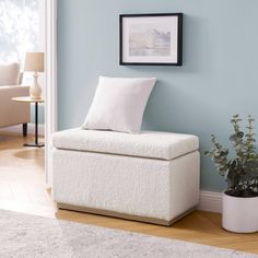 a living room with blue walls and a white storage bench next to a potted plant