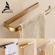 towels hanging on the wall and towel rack in different colors, with gold hardwares