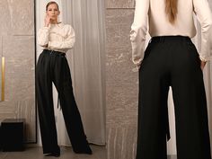 Women's Wide Leg Pants, Black Palazzo Pants, Black Wide Leg Trousers, Black Wide Leg Pants, Black Pants With Belt Featuring a wide-leg silhouette with a sharply pressed crease, the tonal design is complete with a concealed front fastening and belt loops high-waisted concealed front fastening two diagonal pockets to the sides wide leg belted waist belt loops Materials Polyester (100%) Model measurements: Height: 177cm / 5ft 9.7in Chest: 78cm / 30.7in Waist: 65cm / 25.6in Hip: 88cm / 34.6in Size: S Loosely Fitted Black Pants For Night Out, Black Wide Leg Pants For Evening In Fall, Black Wide Leg Pants With Belt Loops For Office, Black Wide-leg Pants For Office, Elegant Black Wide Leg Pants For Fall, Black Office Pants With Belt Loops, Black Dress Pants With Belt Loops For Fall, Elegant Black Trousers, Chic Black Pants With Belt Loops