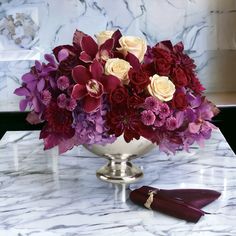 Lush and Lovely Centerpiece - DGM Flowers  | Fort Lauderdale Florist Purple Orchid Centerpiece, Burgundy Hydrangea Centerpiece, Elegant Fall Wedding Flowers, Magenta Floral Arrangements, Bold Floral Arrangements, Disco Ball Floral Arrangement, Monochromatic Floral Arrangements, Floral Centerpieces For Dining Table, Spring Arrangements Floral