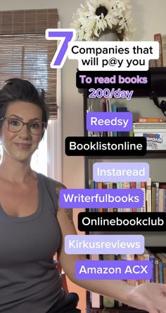 a woman sitting in front of a bookshelf with the words 7 companies that will pay you to read books today