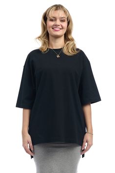 Black 3/4 Sleeve Cotton Oversized Hi-Lo Tunic T-shirt - Premium shirt from Esteez - Just $50! Shop now at Esteez Plus Size Pencil Skirt, Ponte Skirt, Cotton Pencil Skirt, Long Sleeve Cotton Tops, Cotton Tunic Tops, Dress Name, Denim Pencil Skirt, Oversized Tunic, Cotton Leggings