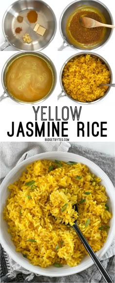 yellow rice is in a white bowl with spoons next to it and the words, yellow