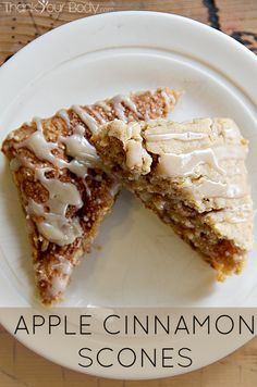 two slices of apple cinnamon scones on a white plate with the title above it