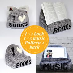 three crocheted beanies with i love books written on them, one in grey and the other in white