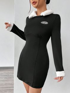 Women'S Patchwork Dress Black Casual  Long Sleeve Knitted Fabric Letter Bodycon Slight Stretch  Women Clothing, size features are:Bust: ,Length: ,Sleeve Length: Breast Tape Lift, Fabric Letters, Slim Fit Top, Irregular Hem, Lingerie Accessories, Patchwork Dress, Dress For Short Women, Strap Dress, Spaghetti Strap Dresses