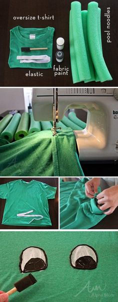 the instructions for how to sew a t - shirt on a sewing machine with green fabric