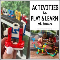 two pictures with toys and text that reads activities to play & learn at home