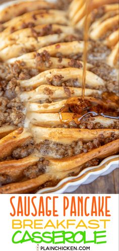 sausage pancake breakfast casserole is being drizzled with brown sauce