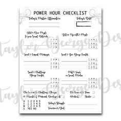 the power hour checklist is shown in black and white, with an ornate border