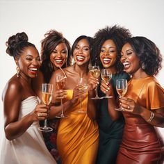 a group of women standing next to each other holding wine glasses