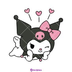 an animal with a pink bow on it's head and some hearts flying around