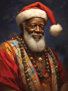 a painting of a man wearing a santa hat and beaded necklace with beads around his neck