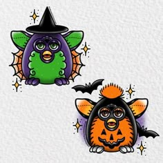 two halloween stickers with bats and witches on them, one is green and the other is orange