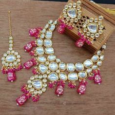 Gold Rodium Polish Pink and Majenta color Necklace in Metal Alloy studded with Kundan Earring Indian, Pink Choker, Color Necklace, Indian Bollywood, Kundan Jewellery, Cz Diamond, Super Sale, Metal Necklaces, Gold Plated Jewelry