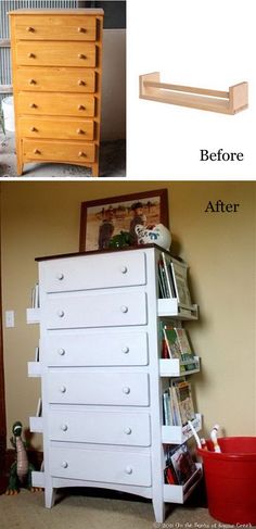 before and after shots of an old dresser turned into a bookshelf with drawers