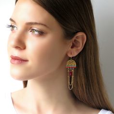 "This hand made boho chandelier earrings were created by me, using gold-plated castings, Swarovski 3mm beads, Swarovski drop, Miyuki round seed beads, and 14k gold-filled ear-wire and chain *If you choose the option of Sterling silver earrings, It's the same except silver-plated castings and Sterling silver ear-wire and chain * Measurements: Earring length: 2.75\" (7cm) Earring width: 0.78\" (2cm) * The earrings will come beautifully packaged for a gift. * For other chandelier earrings: https:// Temple Jewelry Style Metal Chandelier Earrings, Metal Temple Jewelry Chandelier Earrings, Fusion Style Chandelier Earrings With Dangling Beads, Festive Brass Chandelier Earrings For Pierced Ears, Handmade Brass Dangle Chandelier Earrings, Fusion Style Dangle Chandelier Earrings, Handmade Brass Chandelier Dangle Earrings, Handmade Fusion Style Chandelier Drop Earrings, Handmade Fusion Chandelier Drop Earrings