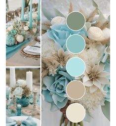 a collage of different shades of blue and white with flowers, candles and plates