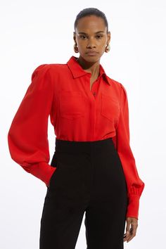 Viscose Crepe Statement Sleeve Collared Blouse Red Blouse Work Designs, Bride Jumpsuit, Petite Wedding Guest Dresses, Plus Size Workwear, Petite Jumpsuit, Collared Blouse, Tall Dresses, Outfits Petite, Statement Sleeves