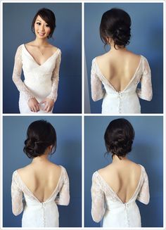 four photos of the back of a bride's dress, with different angles and textures