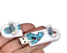 a hand holding a white and blue usb stick with an image of a dog on it