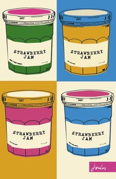 three buckets with different flavors of jam on them and the words strawberry jam written in white