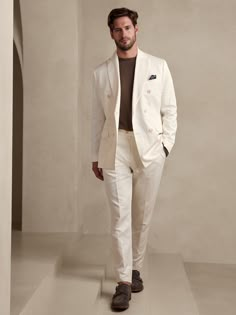 Roma Suit Pant | Banana Republic White Linen Suits For Men, Men Linen Suits, Wedding Guest Men, Casual Suits Men, White Linen Suit, Tan Suit, Pick Stitch, Beige Suits, Mens Casual Outfits Summer