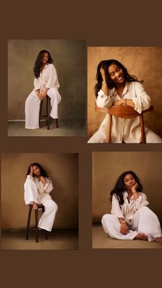 four different shots of a woman sitting in a chair