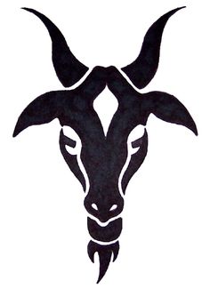 a goat's head with long horns is shown in black ink on a white background