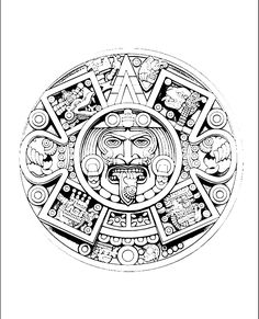 a drawing of a circular object with many different designs on the top and bottom, in black and white