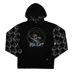 Step into the world of Bleach with this sleek black long sleeve hooded sweatshirt, featuring Rukia's image above intricate blue kanji letters on the front. The sleeves and inside of the hood are adorned with a striking reaper face pattern, adding to its distinctive appeal. Crafted from a blend of 60% cotton and 40% polyester, this hoodie ensures comfort and durability, perfect for casual wear. It comes with an adjustable hood for added versatility. Machine wash it on cold with like colors and tumble dry on low heat for easy care. Harajuku Long Sleeve Hoodie With Graphic Print, Winter Anime Print Hooded Top, Anime Print Crew Neck Hoodie For Winter, Winter Anime Print Hoodie With Crew Neck, Black Anime Print Hoodie For Fall, Black Anime Print Hoodie For Winter, Black Harajuku Style Cotton Hoodie, Black Cotton Harajuku Style Hoodie, Streetwear Long Sleeve Hoodie With Screen Print