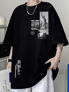 Black Casual Collar Half Sleeve Fabric Graphic,Letter Embellished Slight Stretch Men Clothing Cool Unisex Outfits, Chilled Outfits Men, Cute Clothes For Men, Korean High Fashion Men, Graphic Tee For Men, Cool Clothes Men, Loose Clothing Style Men, Cute Male Clothes, Clothes Aesthetic Men