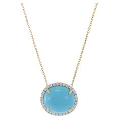 18KT yellow gold oval turquoise and diamond pendant necklace. A timeless piece of jewelry crafted from 18KT Yellow Gold, showcasing a stunning oval turquoise center embellished with 0.22ct-tw shining diamonds. Make every occasion special with this radiant and sophisticated necklace. Length 17 inches. Weight 3.8 grams. Oval Pendant Necklace, Modern Necklaces, Yellow Gold Pendants, Oval Pendant, Diamond Pendant Necklace, Turquoise Gemstone, Modern Jewelry, Turquoise Stone, Diamond Pendant