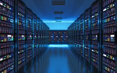 rows of servers in a data center with blue lighting