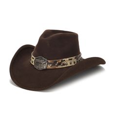 The ARIZONA Hat is designed to provide you with a classic cowboy look. Crafted from wool felt and genuine leather, it features a unique snakeskin pattern and mini studs. The longhorn and star buckle completes the classic aesthetic, with a 4 inch brim to protect you from the sun. No matter the occasion, the ARIZONA Hat from the Stampede Collection gives you a timeless style. Cowboy Buckle, Brown Cowboy Hat, Hare Rabbit, Mens Cowboy Hats, Wild Hare, Outback Hat, Mad Hatter Hats, Felt Cowboy Hats, Kentucky Derby Hats