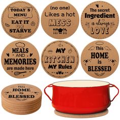 six cork coasters with sayings on them and a red pot next to it