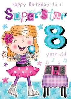 a birthday card with a girl holding a lollipop in her hand and the number eight on it