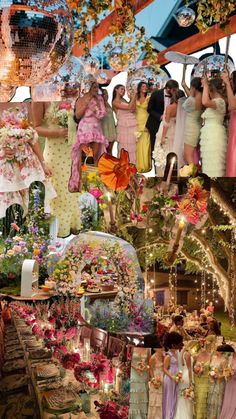 a collage of photos with people dressed in different dresses and flowers on the table