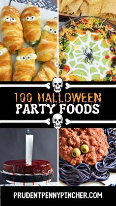 halloween party foods and desserts are featured in this collage