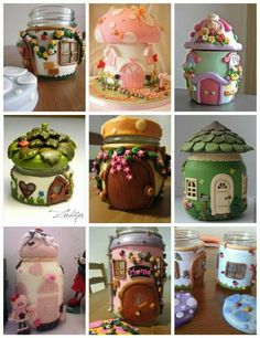 there are many different cakes and jars on the table in this collage, each decorated with an animal theme