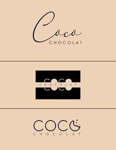 the logo for coco's chocolate is shown in three different colors and font styles