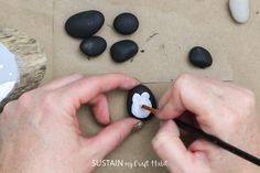 someone is painting rocks with white and black paint on them while another person holds a pencil