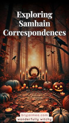 the cover of exploring samhann correspondences, featuring pumpkins and candles in an autumn scene